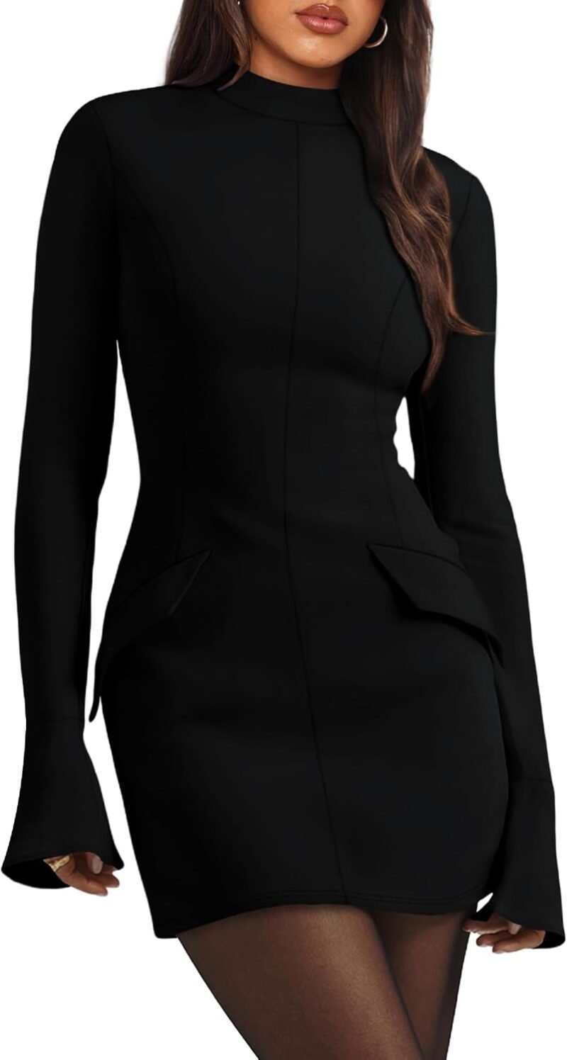 Women’s Fall Long Sleeve Mock Neck Dress Basic Party Club Bodycon Mini Dresses