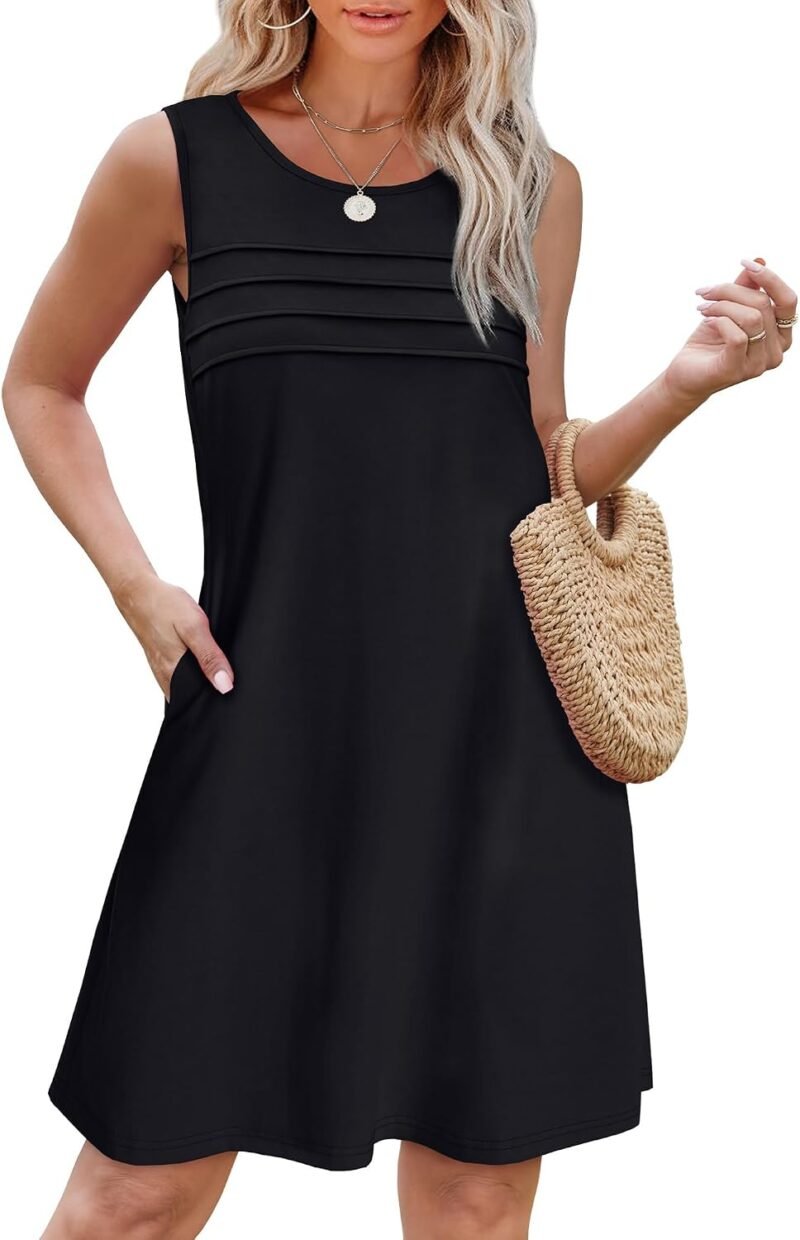 Womens Pleated Front Tank Dresses Fashion Spring Sleeveless Pockets Sundress Casual Summer