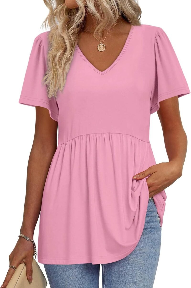 Womens Summer Tops Babydoll Short Sleeve Shirts Puff Sleeve Peplum Tops V Neck T Shirts