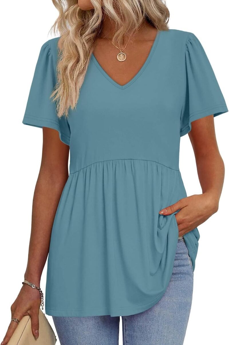 Womens Summer Tops Babydoll Short Sleeve Shirts Puff Sleeve Peplum Tops V Neck T Shirts