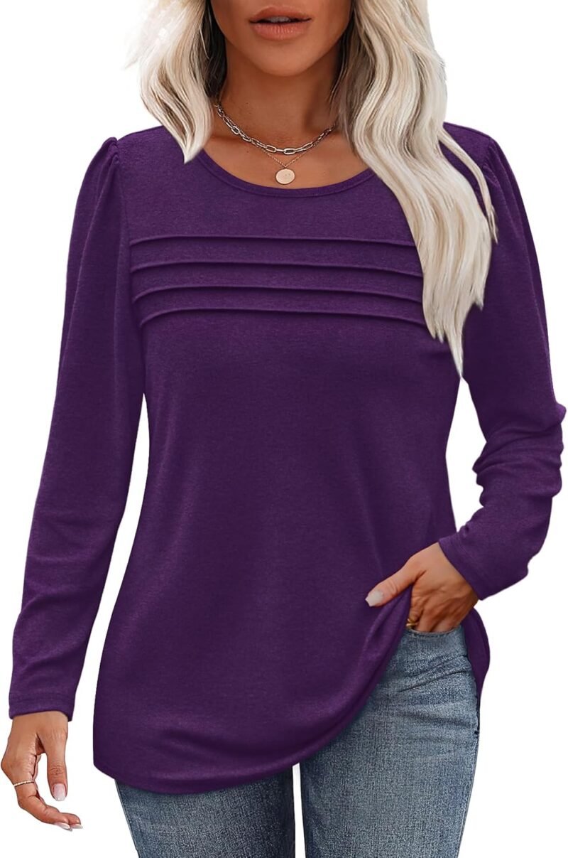 Long Sleeve Shirts for Women Fall Fashion 2025 Dressy Casual Blouses Trendy Pleated Tunic Tops for Leggings