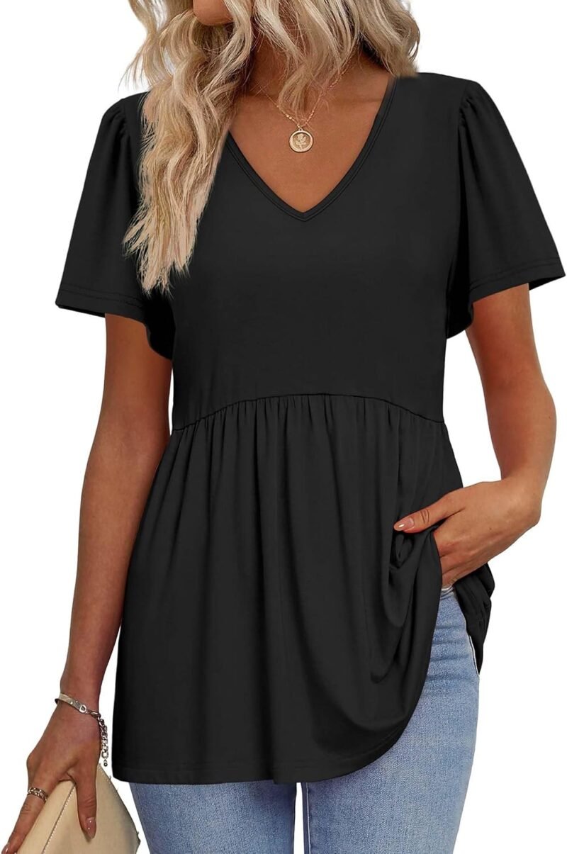 Womens Summer Tops Babydoll Short Sleeve Shirts Puff Sleeve Peplum Tops V Neck T Shirts