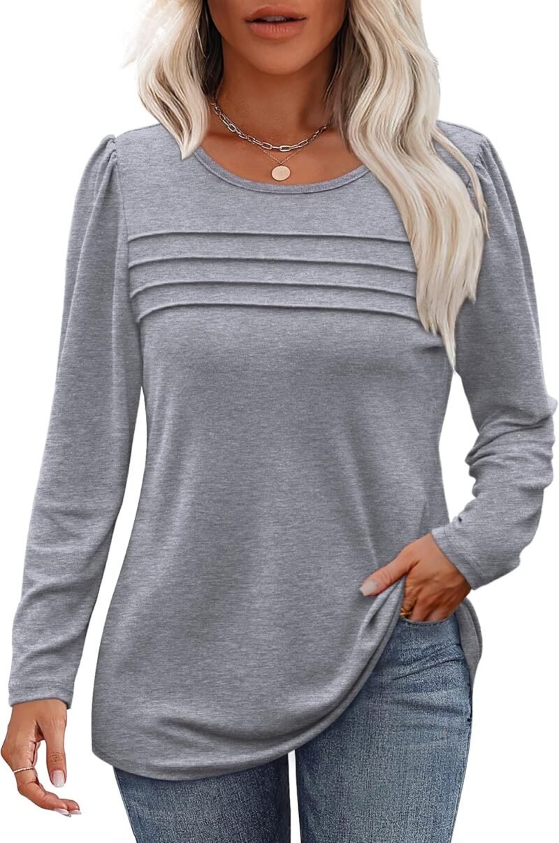 Long Sleeve Shirts for Women Fall Fashion 2025 Dressy Casual Blouses Trendy Pleated Tunic Tops for Leggings