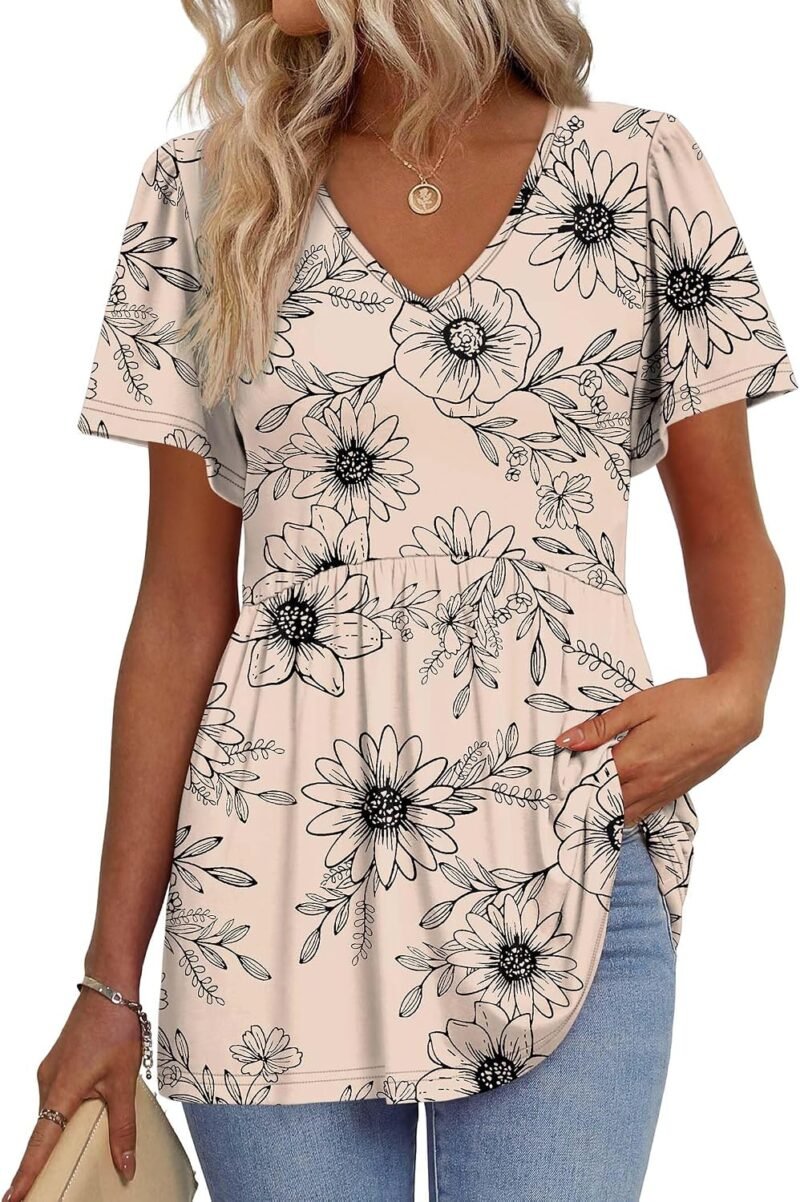 Womens Summer Tops Babydoll Short Sleeve Shirts Puff Sleeve Peplum Tops V Neck T Shirts