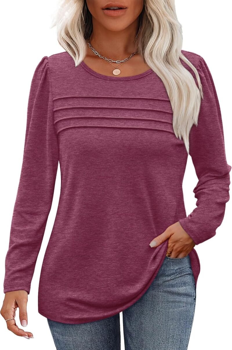 Long Sleeve Shirts for Women Fall Fashion 2025 Dressy Casual Blouses Trendy Pleated Tunic Tops for Leggings