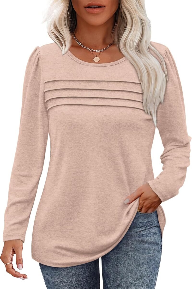 Long Sleeve Shirts for Women Fall Fashion 2025 Dressy Casual Blouses Trendy Pleated Tunic Tops for Leggings