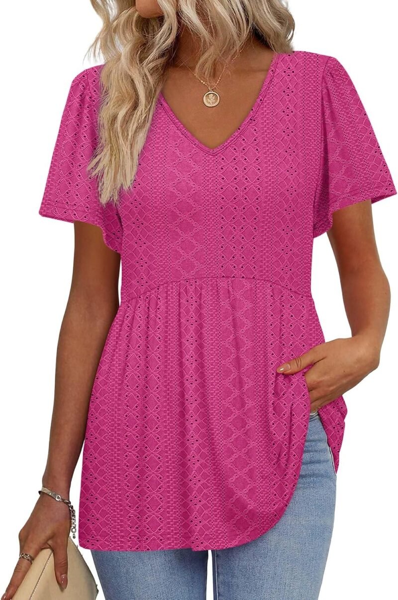 Womens Summer Tops Babydoll Short Sleeve Shirts Puff Sleeve Peplum Tops V Neck T Shirts