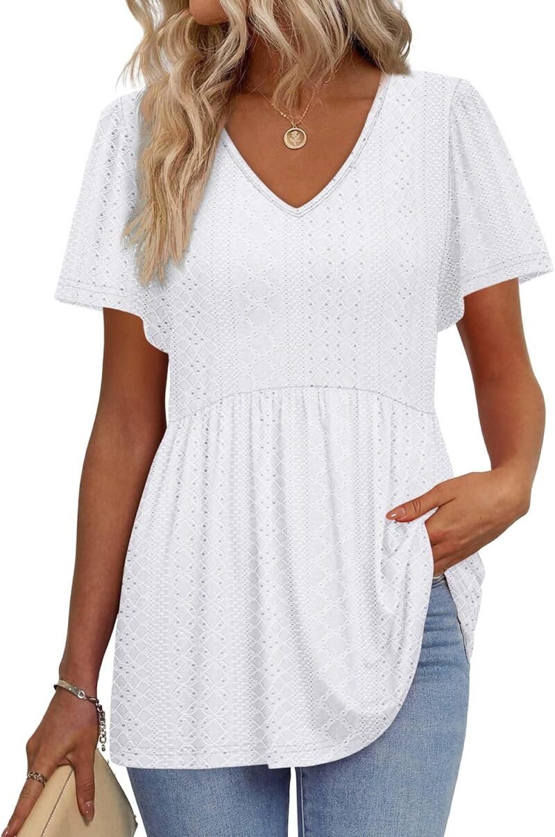 Womens Summer Tops Babydoll Short Sleeve Shirts Puff Sleeve Peplum Tops V Neck T Shirts