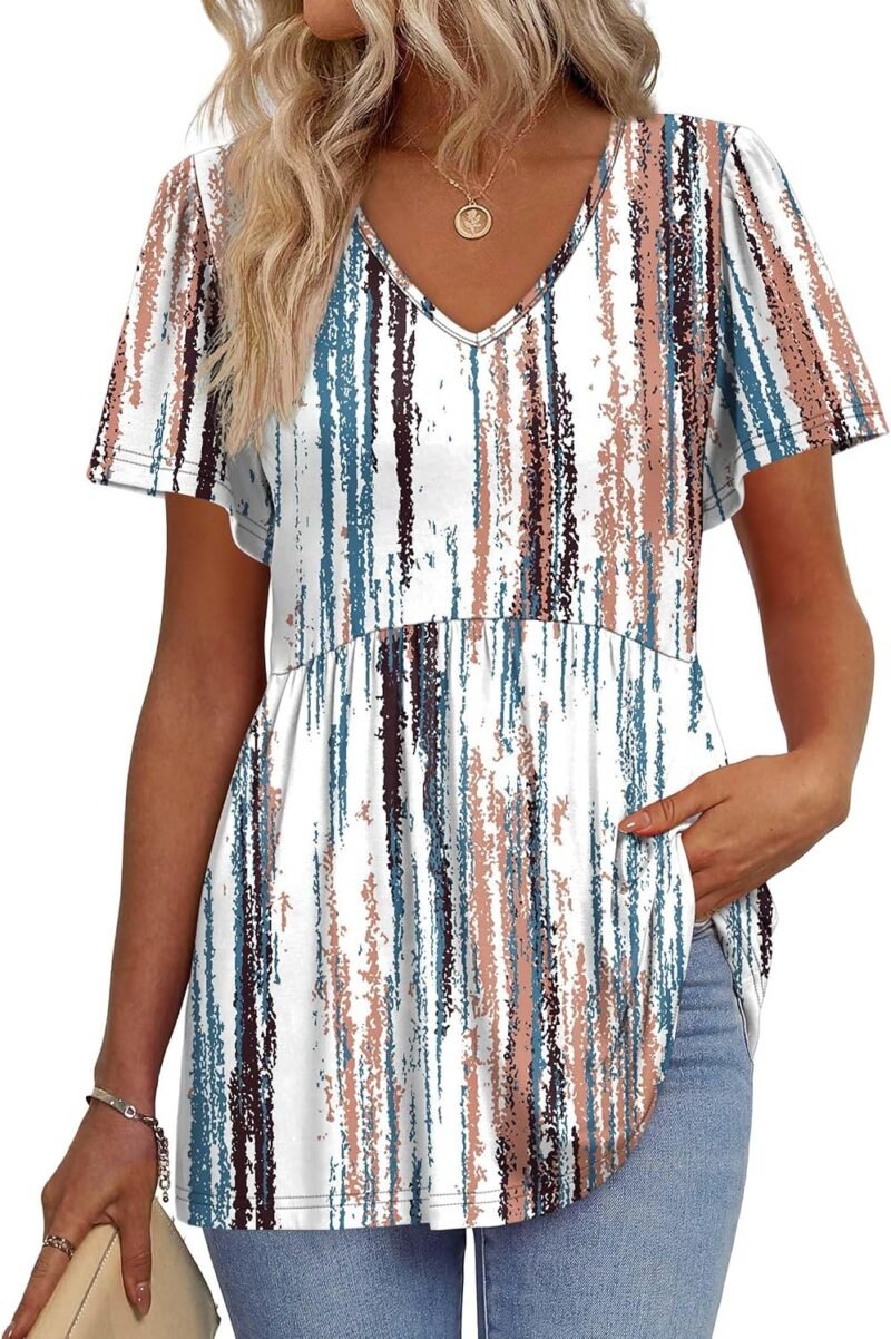 Womens Summer Tops Babydoll Short Sleeve Shirts Puff Sleeve Peplum Tops V Neck T Shirts
