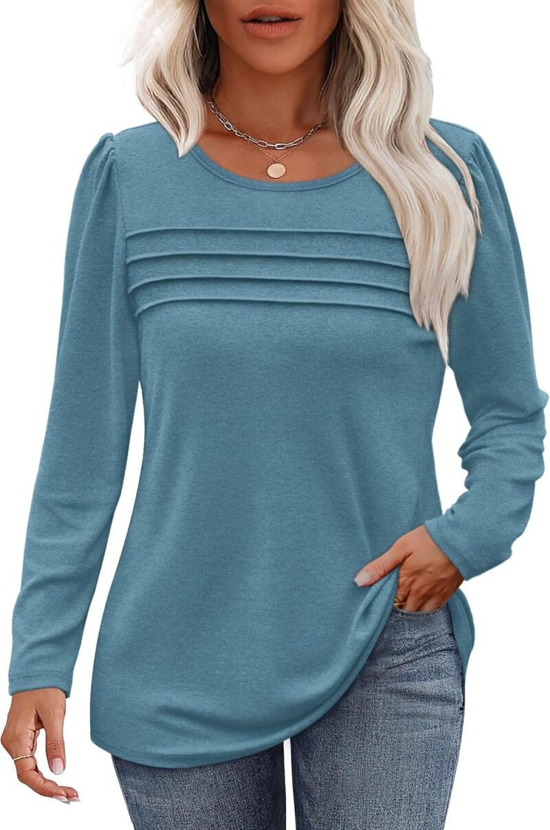 Long Sleeve Shirts for Women Fall Fashion 2025 Dressy Casual Blouses Trendy Pleated Tunic Tops for Leggings