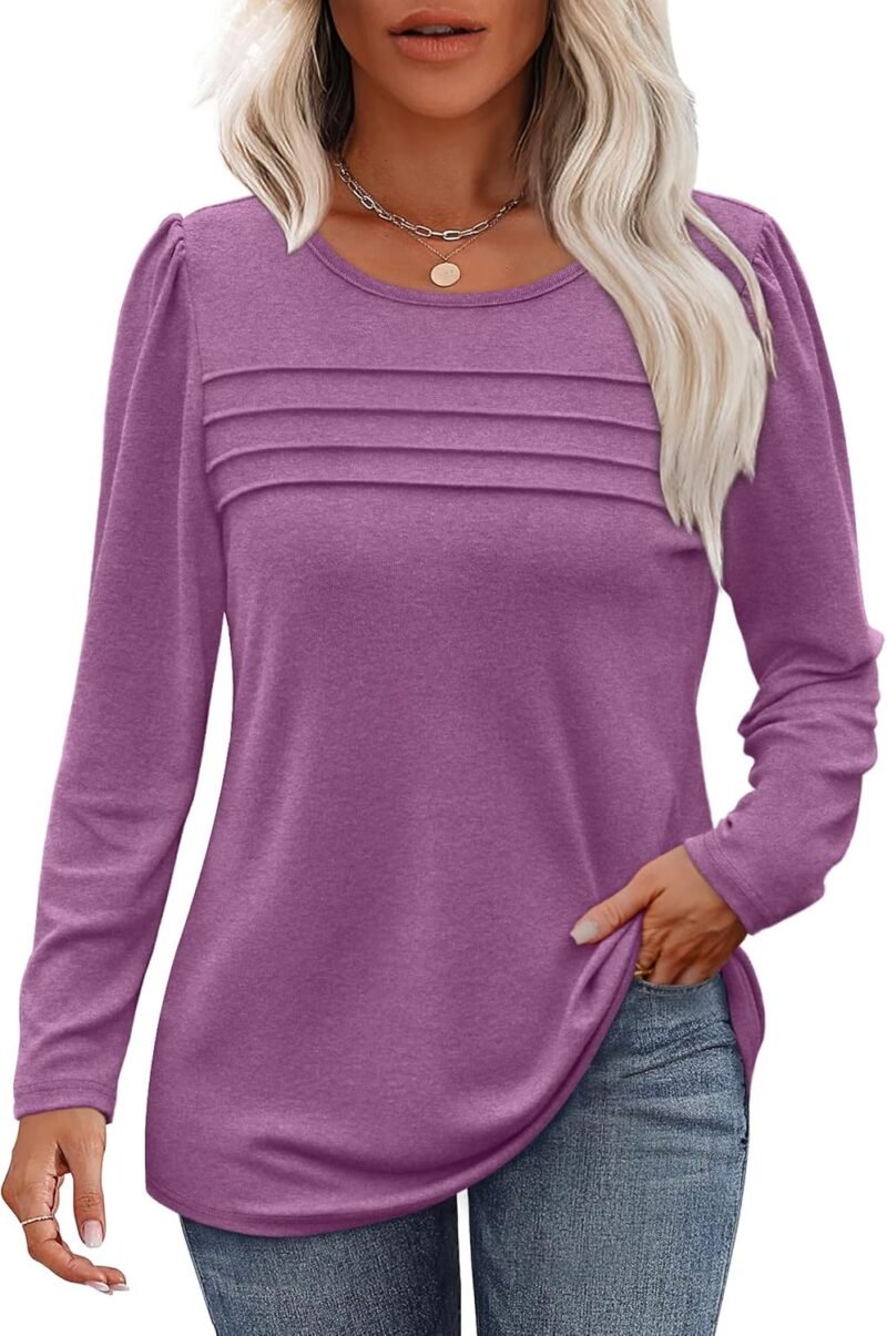 Long Sleeve Shirts for Women Fall Fashion 2025 Dressy Casual Blouses Trendy Pleated Tunic Tops for Leggings