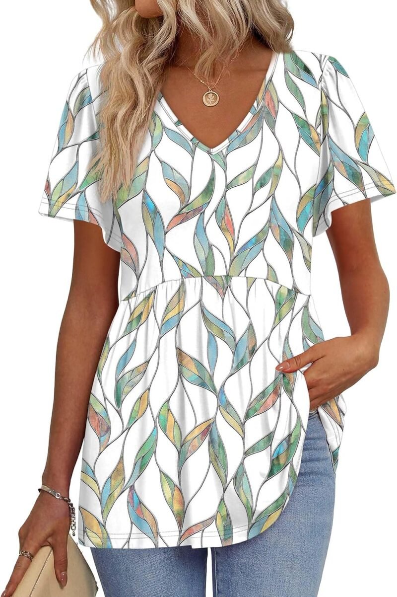 Womens Summer Tops Babydoll Short Sleeve Shirts Puff Sleeve Peplum Tops V Neck T Shirts