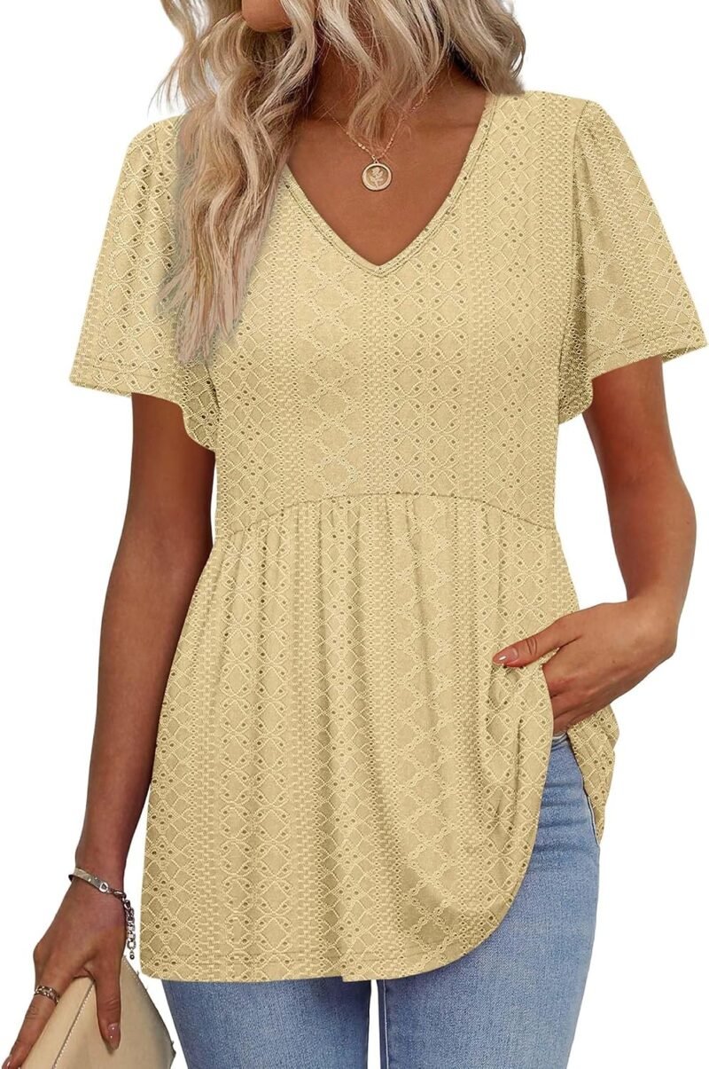 Womens Summer Tops Babydoll Short Sleeve Shirts Puff Sleeve Peplum Tops V Neck T Shirts