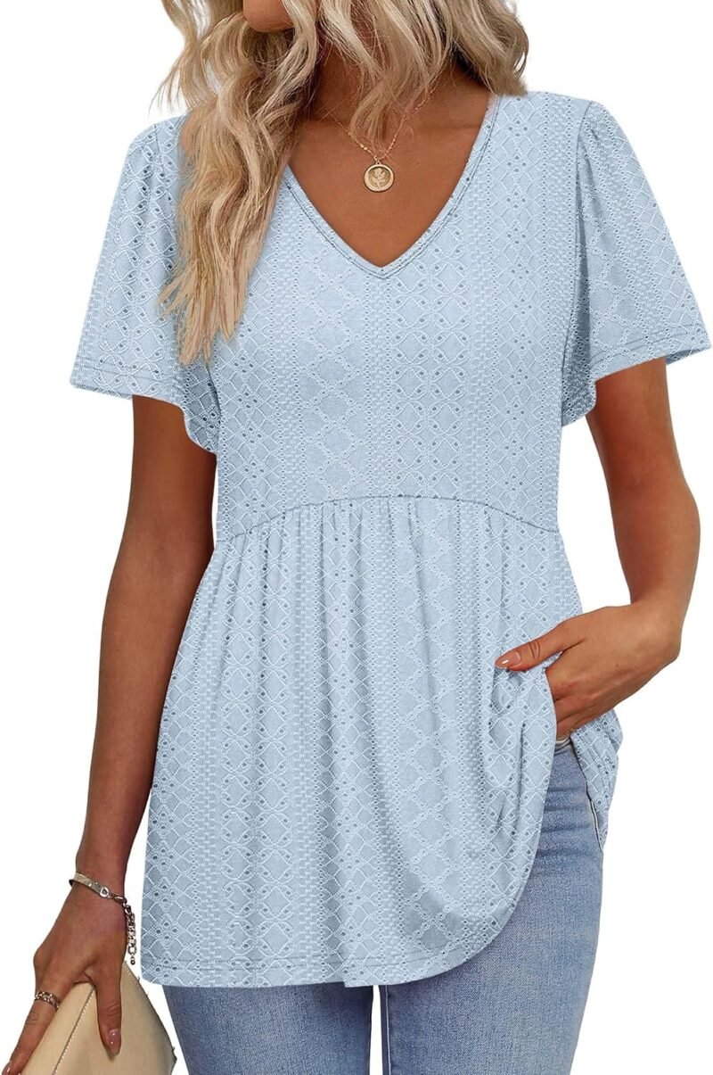Womens Summer Tops Babydoll Short Sleeve Shirts Puff Sleeve Peplum Tops V Neck T Shirts