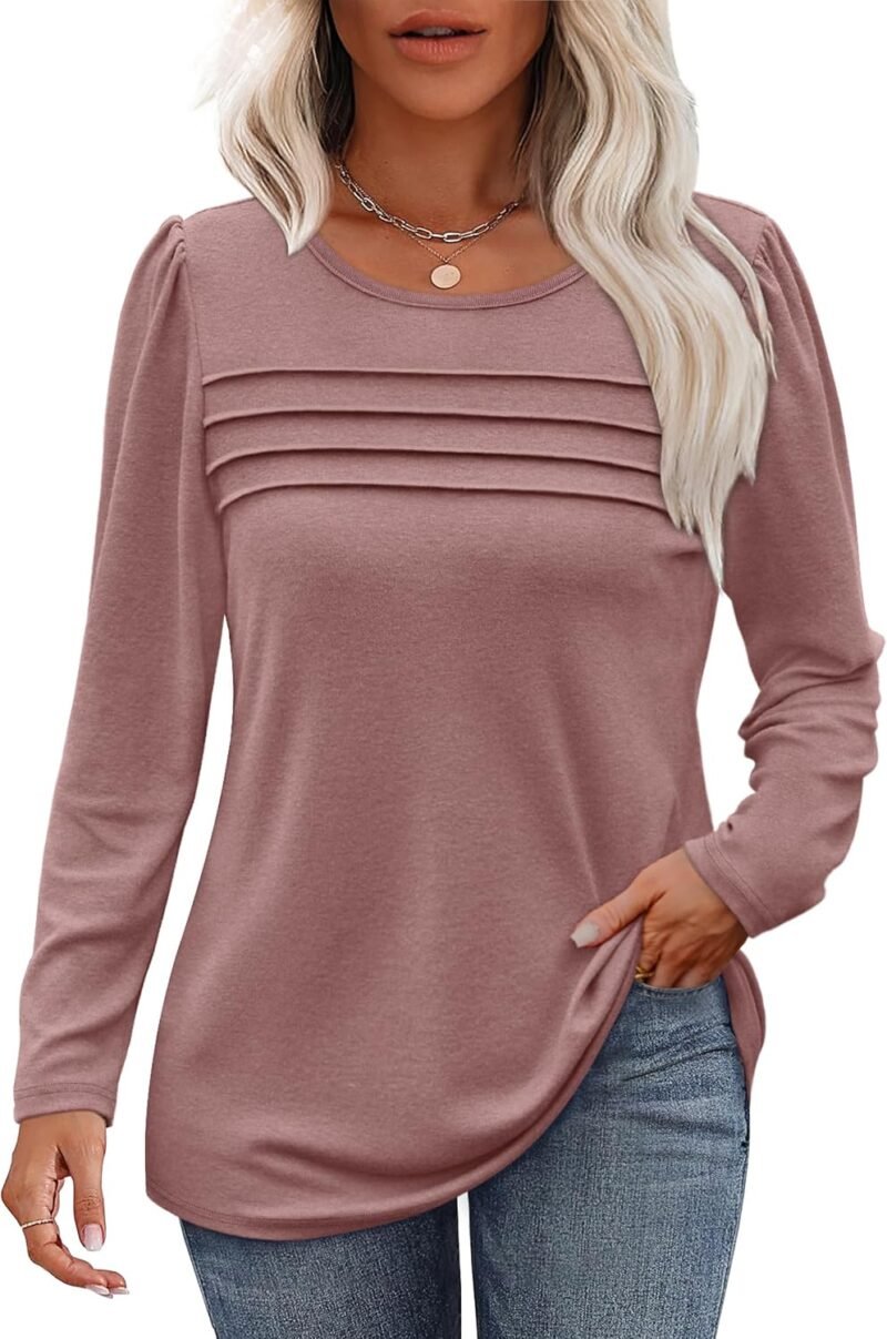 Long Sleeve Shirts for Women Fall Fashion 2025 Dressy Casual Blouses Trendy Pleated Tunic Tops for Leggings