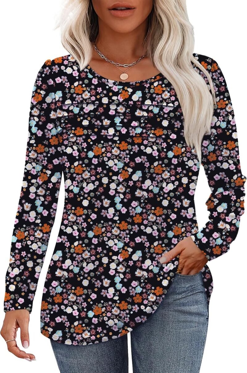 Long Sleeve Shirts for Women Fall Fashion 2025 Dressy Casual Blouses Trendy Pleated Tunic Tops for Leggings