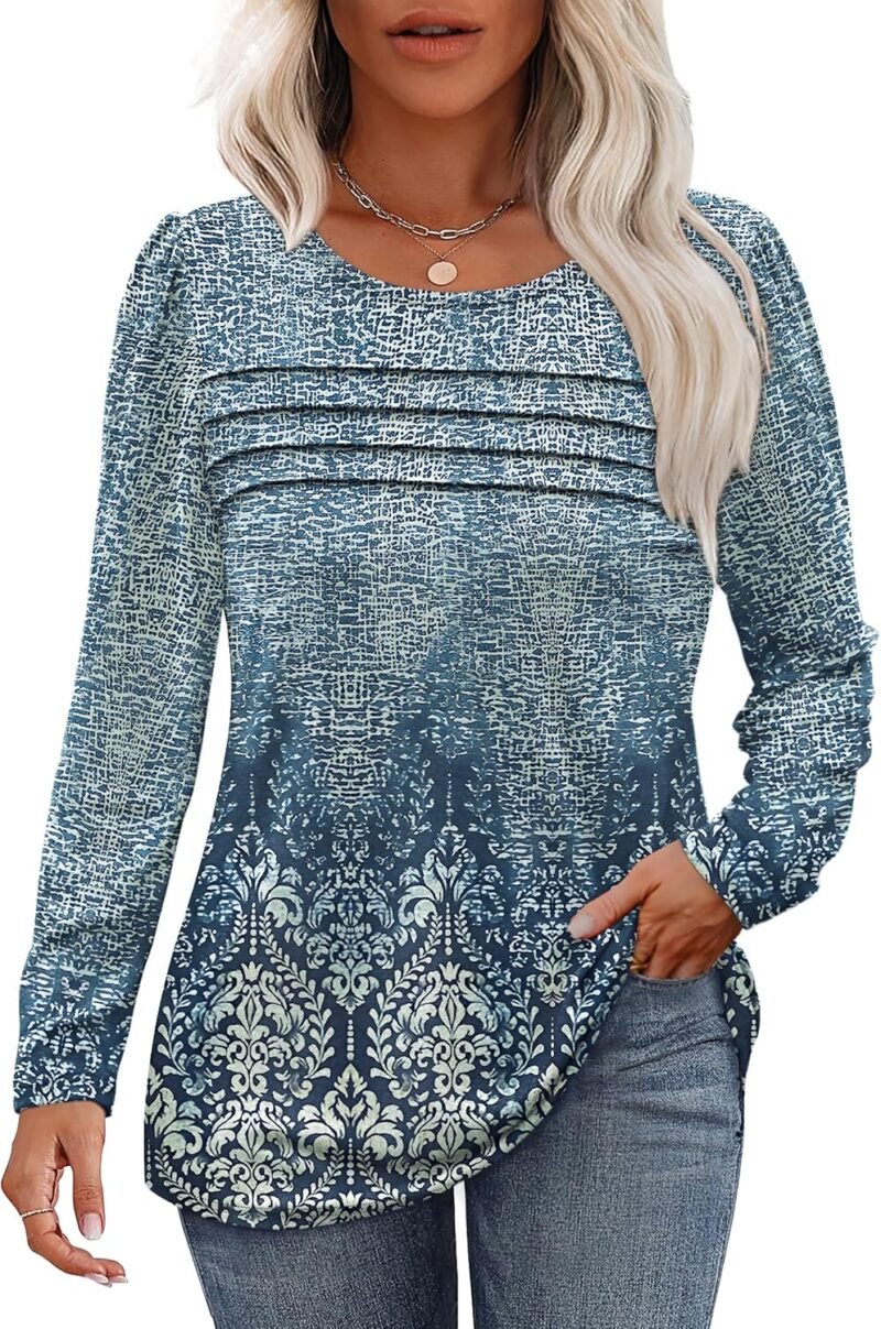 Long Sleeve Shirts for Women Fall Fashion 2025 Dressy Casual Blouses Trendy Pleated Tunic Tops for Leggings