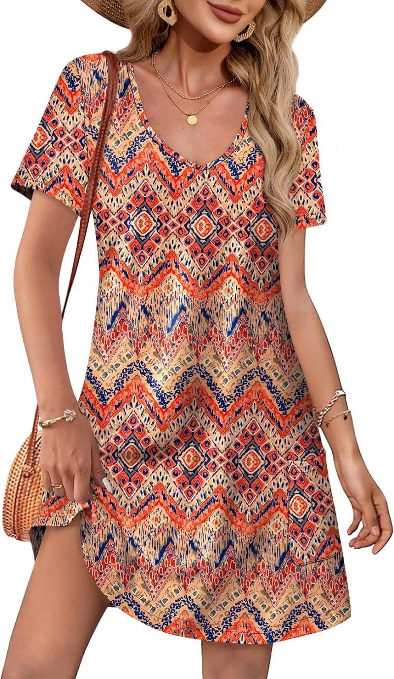 Summer Dresses for Women 2026 Loose V Neck Short Sleeve Casual T Shirt Dress Sundresses Swimsuit Coverup with Pockets