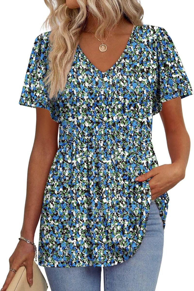 Womens Summer Tops Babydoll Short Sleeve Shirts Puff Sleeve Peplum Tops V Neck T Shirts