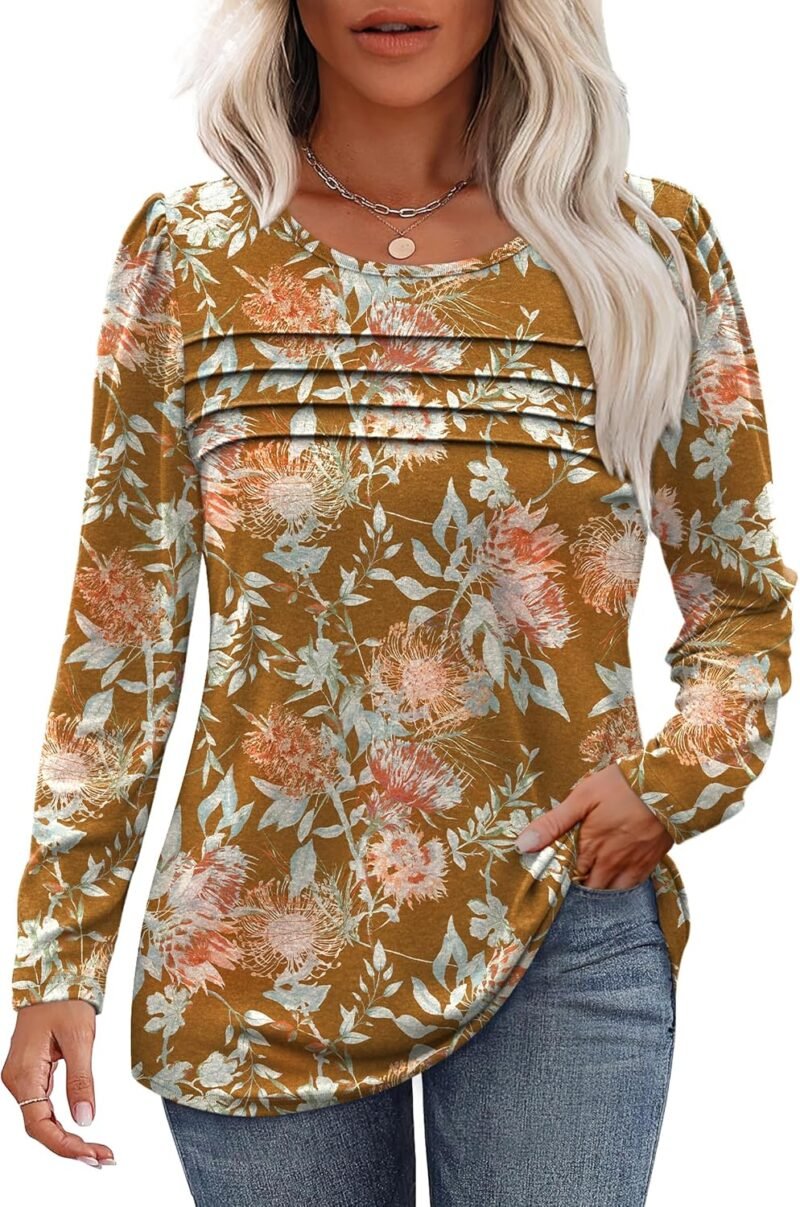 Long Sleeve Shirts for Women Fall Fashion 2025 Dressy Casual Blouses Trendy Pleated Tunic Tops for Leggings